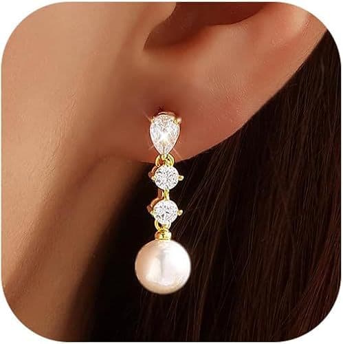 Finevow Pearl and Cubic Zirconia Drop Earrings