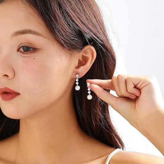 Finevow Pearl and Cubic Zirconia Drop Earrings worn